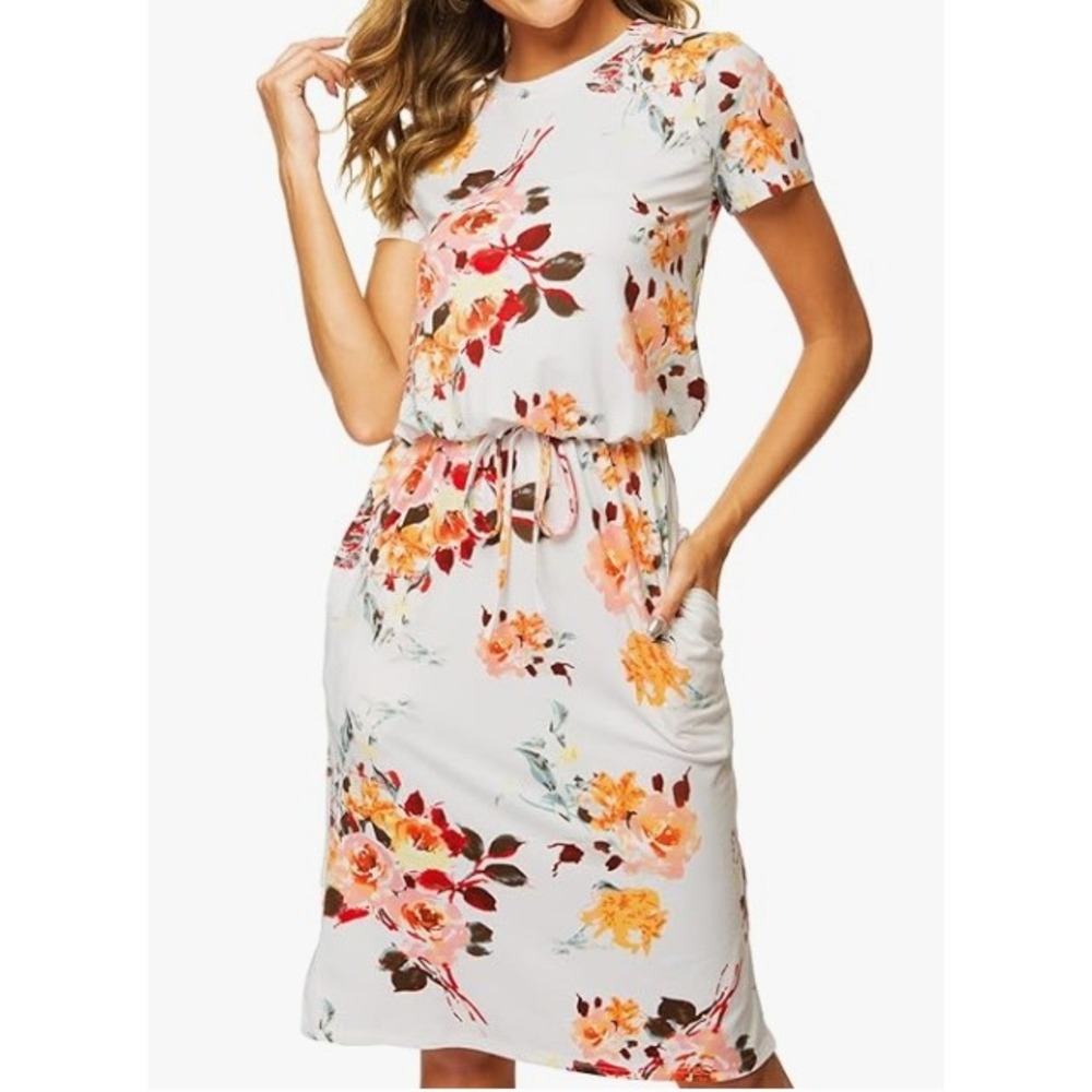Simier Fariry Women Floral Midi Dress White Orange Short Sleeve Pocket Small NWT